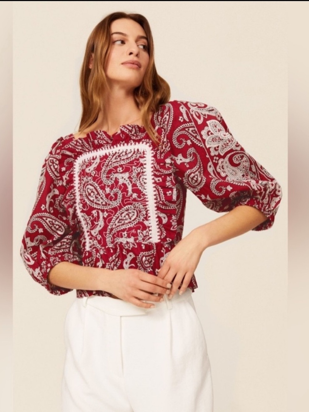 Sea New York Red Theodora Paisley Blouse with Lace Detail Size S